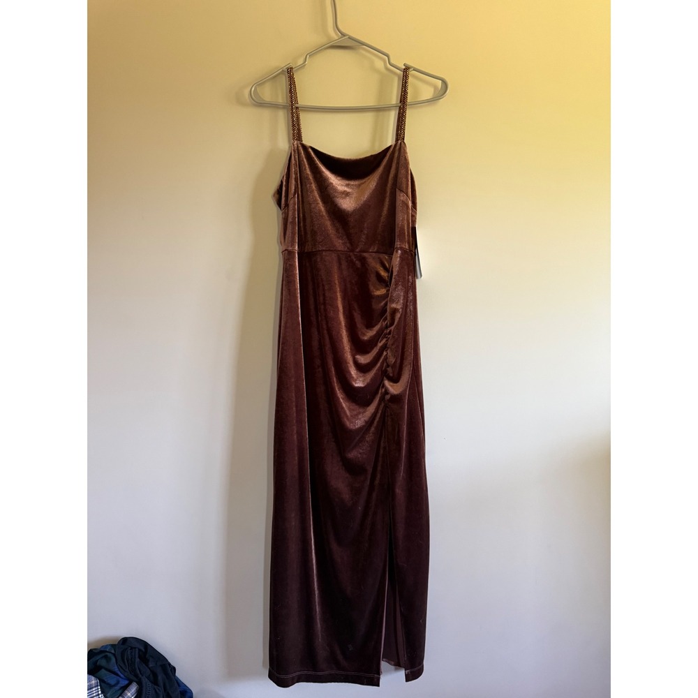 Taylor Walnut Brown Velvet Cowl Neck Midi Dress Gold Chain Straps 4524MMX Size 6